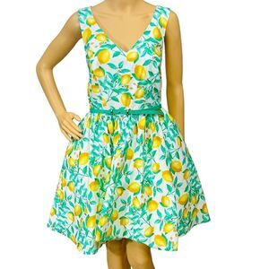 Elle Dress Green/Belt Tropical Lemon Pocket Fit/Flare V-Neck Criss Cross Back 10